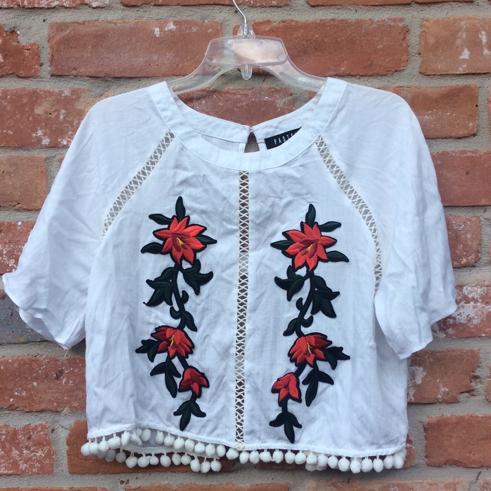 PASTEL Crop Top White Embroidered Caged Back  L